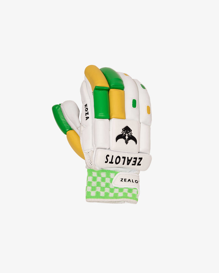 ZEALOTS KOZA Cricket Batting Gloves – White/Green & Gold — alternate view