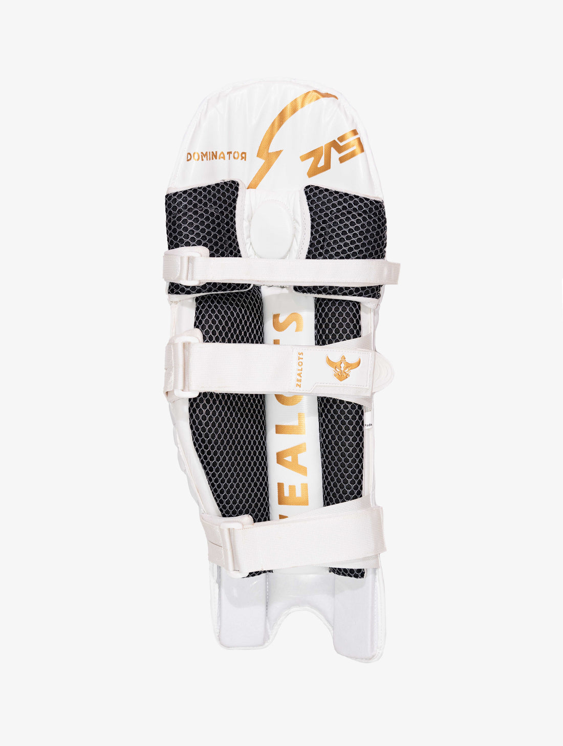 ZEALOTS DOMINATOR Batting Pads — Premium Cricket Leg Guards (White / Gold)