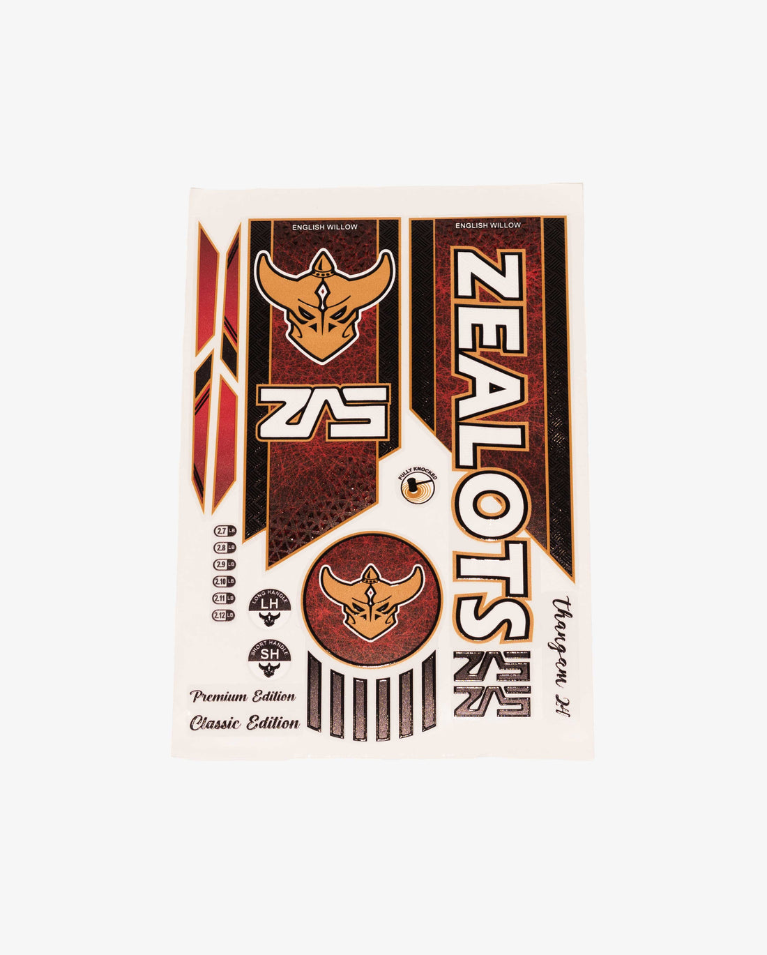 ZEALOTS Thangam 24 Cricket Bat Sticker Set — Crimson & Gold Edition