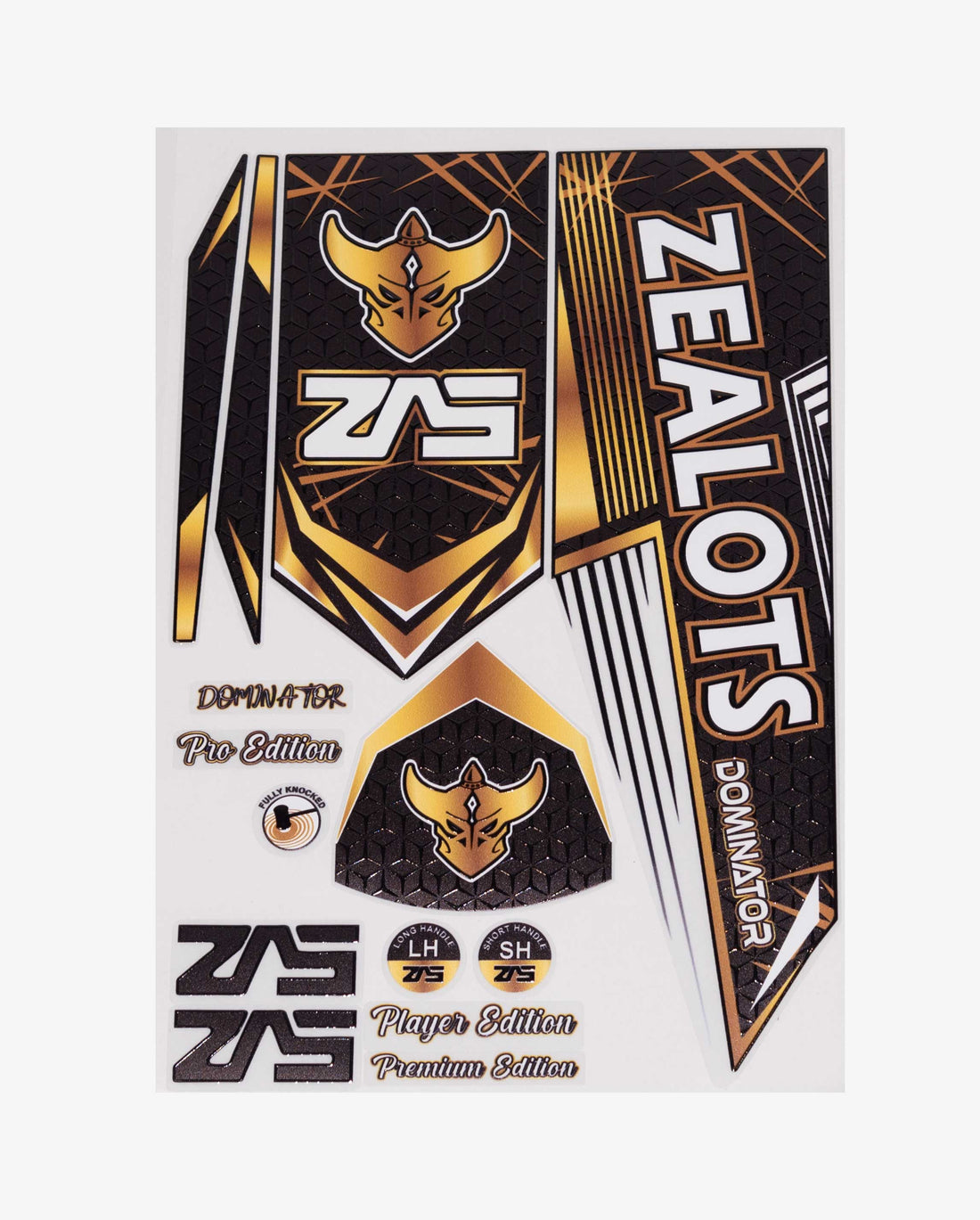 ZEALOTS DOMINATOR Cricket Bat Sticker Sheet — Black & Gold Decal Set