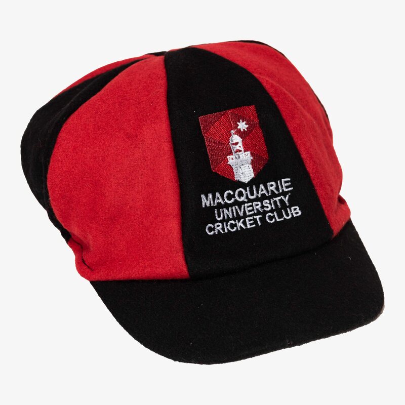 Macquarie University Cricket Club baggy melton wool cricket cap, custom embroidered by Zealots Sports