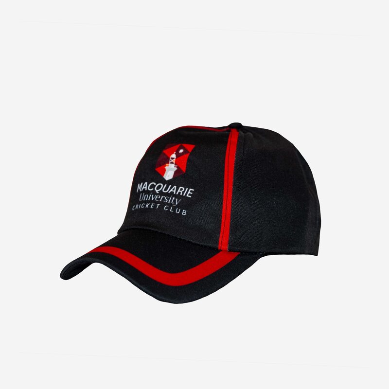 Macquarie University Cricket Club custom cap with contrast red peak trim by Zealots Sports
