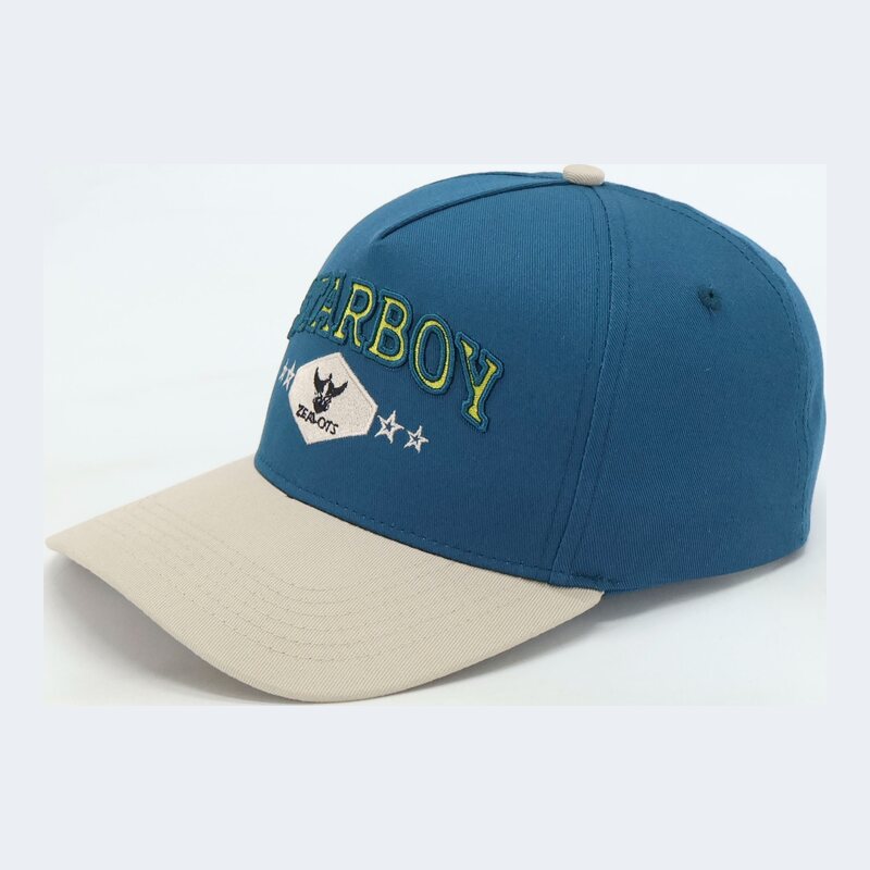 Starboy custom 5-panel cap with 3D puff embroidery and woven patch by Zealots Sports