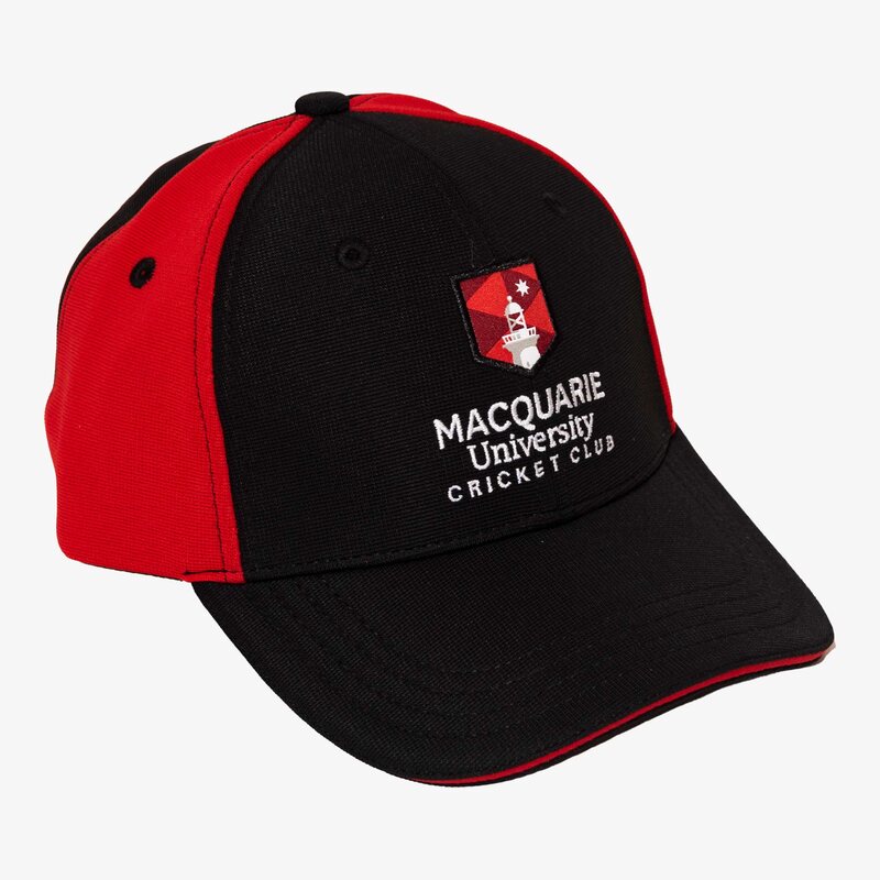 Macquarie University Cricket Club custom embroidered 6-panel cap with woven patch badge by Zealots Sports